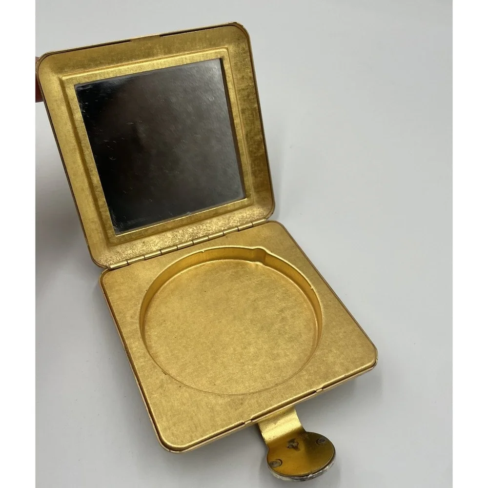 Vintage Gold Tone Metal Rhinestone Clasp Mirror Powder Compact Box Avon Imperial